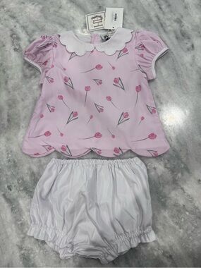 Hamner Hill Toddler Pink Tulip Scallop Collar Set with White Bloomers